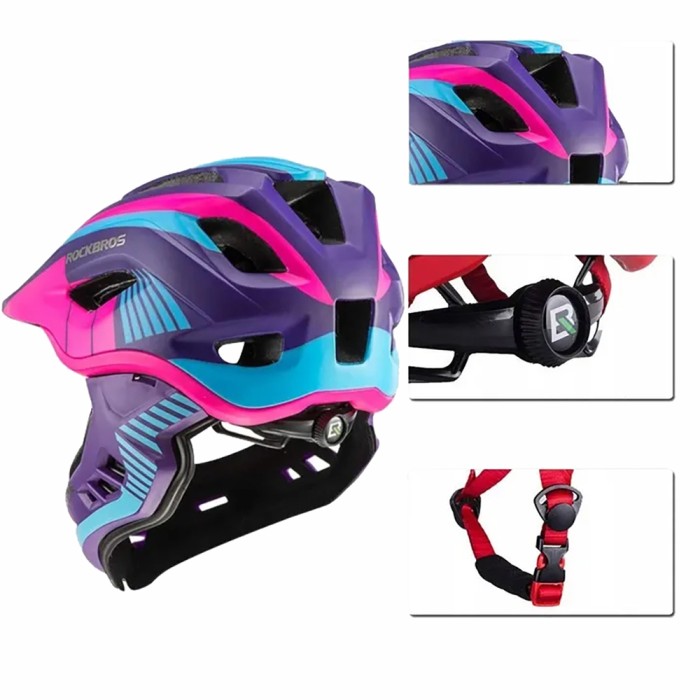 Rockbros TT-32SBPP-M Children&amp;#39;s Bike Helmet with Detachable Chin Size M - Purple-Pink