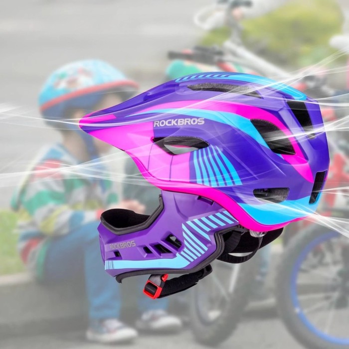Rockbros TT-32SBPP-M Children&amp;#39;s Bike Helmet with Detachable Chin Size M - Purple-Pink