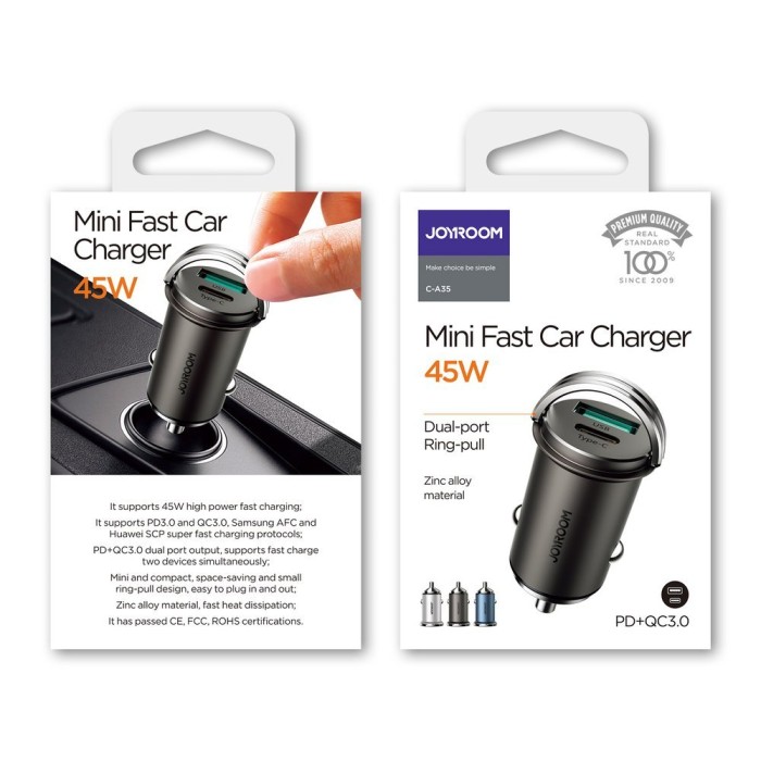 Joyroom Fast Car Charger USB Type C / USB 45W 5A Power Delivery Quick Charge 3.0 AFC SCP Gray (C-A35)