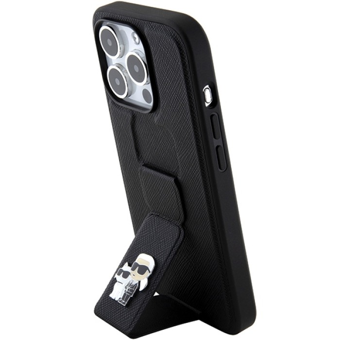 Karl Lagerfeld Gripstand Saffiano Karl&amp;amp;Choupette Pins case for iPhone 15 Pro - black