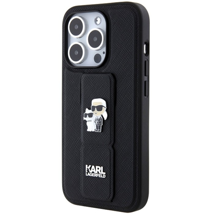 Karl Lagerfeld Gripstand Saffiano Karl&amp;amp;Choupette Pins case for iPhone 15 Pro - black