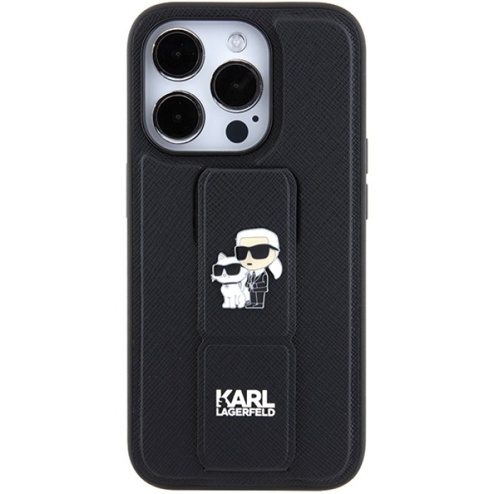 Karl Lagerfeld Gripstand Saffiano Karl&amp;amp;Choupette Pins case for iPhone 15 Pro - black