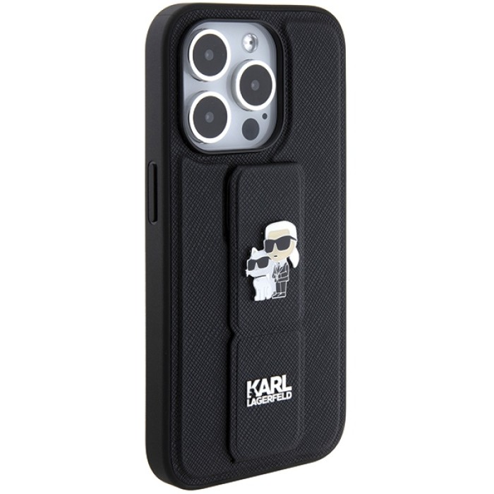 Karl Lagerfeld Gripstand Saffiano Karl&amp;amp;Choupette Pins case for iPhone 15 Pro - black
