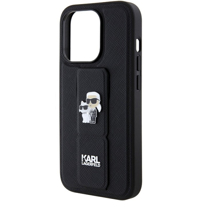 Karl Lagerfeld Gripstand Saffiano Karl&amp;amp;Choupette Pins case for iPhone 15 Pro - black