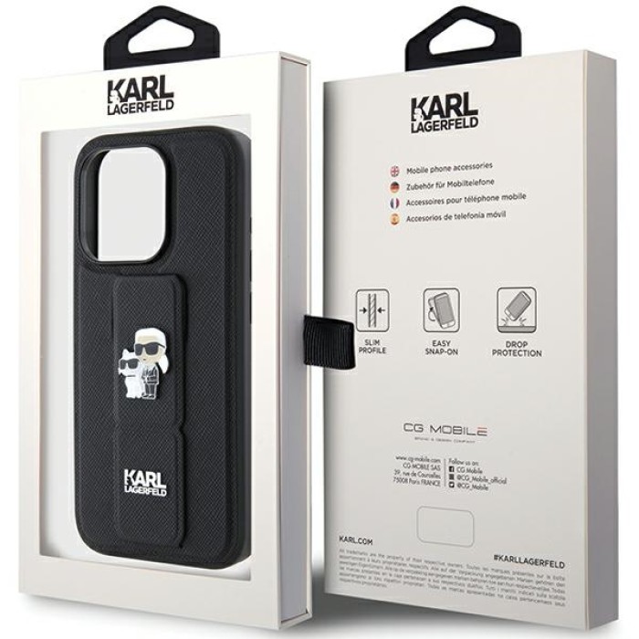Karl Lagerfeld Gripstand Saffiano Karl&amp;amp;Choupette Pins case for iPhone 15 Pro - black