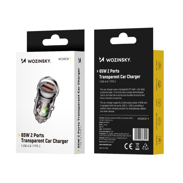 Wozinsky 65W Car Charger USB-C PD 65W / USB-A 45W QC 3.0 - Black