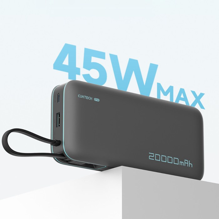 Cuktech CUKP200NGLDG 45W 20000mAh Powerbank with Built-in USB-C Cable - Gray