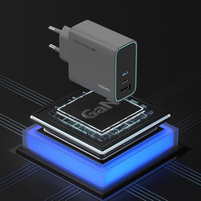 Cuktech CUKAD653EUGR 65W GaN Wall Charger 2 x USB-C 1 x USB-A - Gray