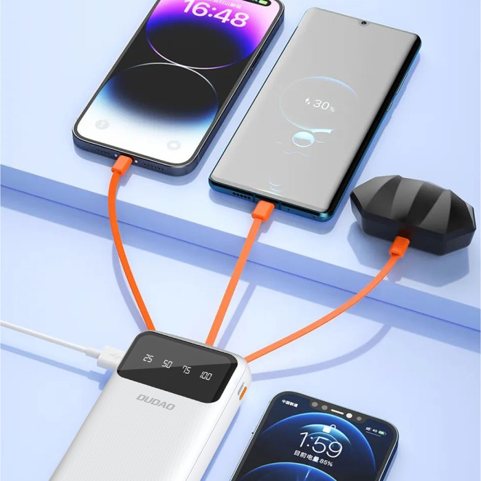 Dudao large capacity powerbank with 4 built-in cables 20000mAh USB Type C + micro USB + Lightning + USB-A (input) - white (Dudao K6Pro+)