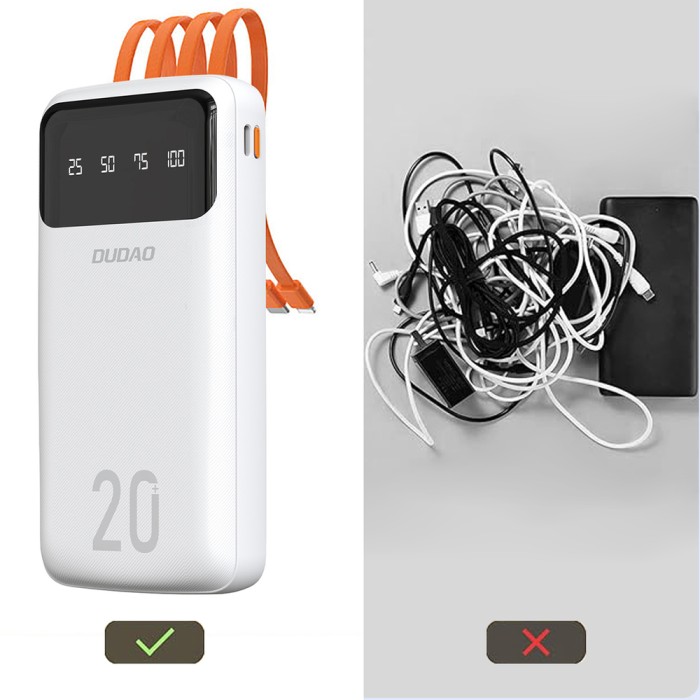 Dudao large capacity powerbank with 4 built-in cables 20000mAh USB Type C + micro USB + Lightning + USB-A (input) - black (Dudao K6Pro+)