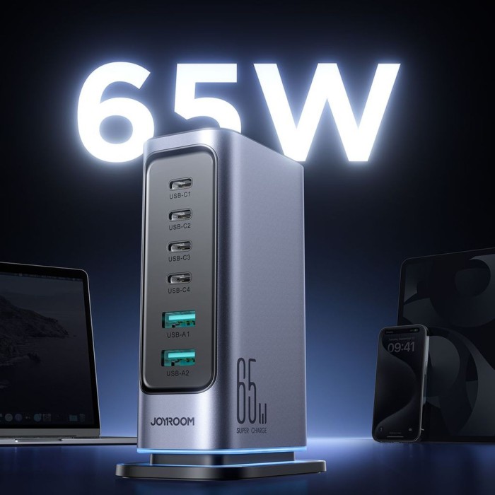 Joyroom JR-TCM02 GaN 65W charger charging station 4xUSB-C 2xUSB-A UK plug - gray