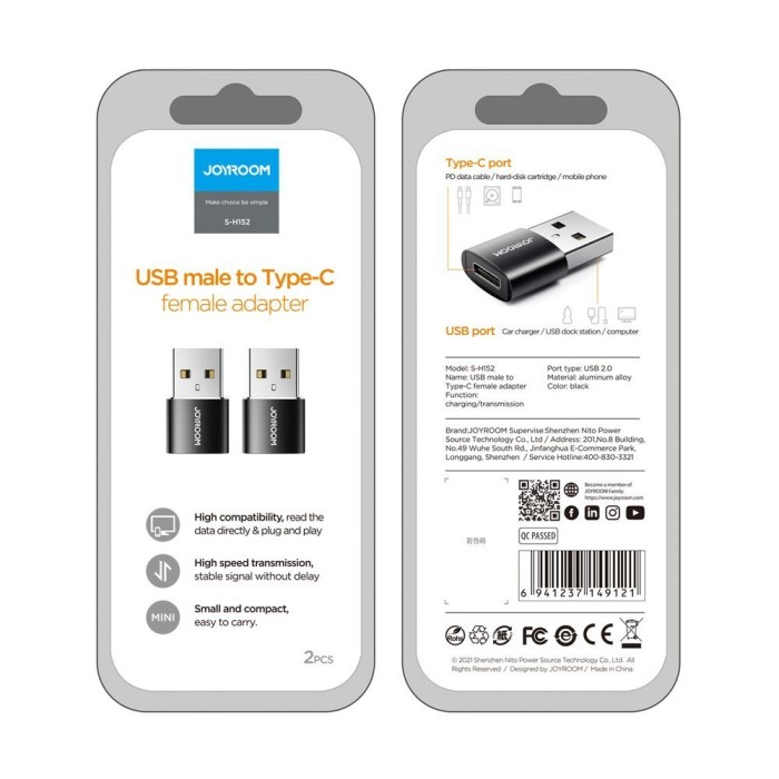 Joyroom adapter from USB Type C (female) to USB (male) 2 pcs. black (S-H152 Black)