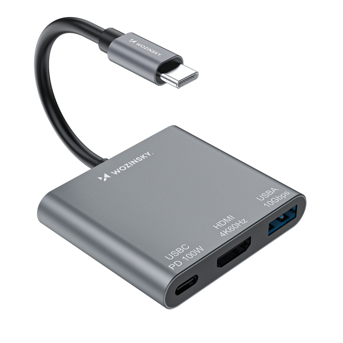 Hub Wozinsky WHCH-01 USB-C PD 100W HDMI 4K@30Hz USB-A 10Gbps - gray
