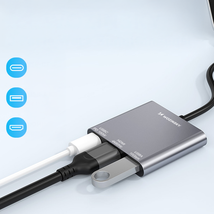 Hub Wozinsky WHCH-01 USB-C PD 100W HDMI 4K@30Hz USB-A 10Gbps - gray