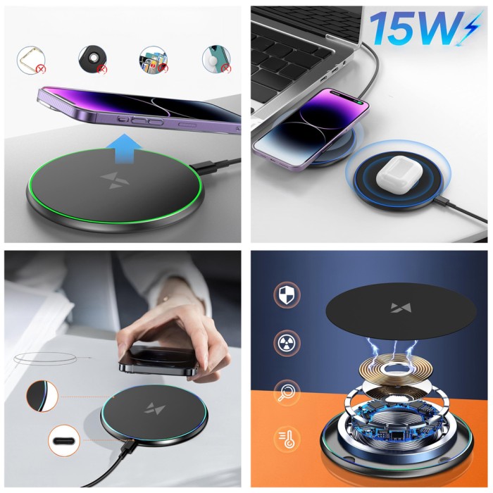 Wozinsky WLI-01Y 15W Qi Inductive Charger with USB-C Cable - Black