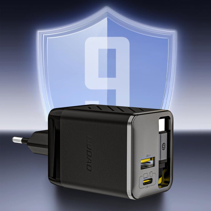 Dudao A67EU GaN 67W Wall Charger with Built-in Retractable USB-C Power Delivery Quick Charge Cable - Black