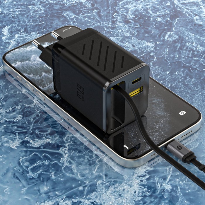 Dudao A67EU GaN 67W Wall Charger with Built-in Retractable USB-C Power Delivery Quick Charge Cable - Black