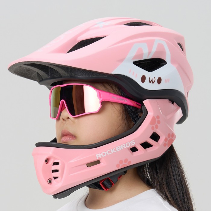 Rockbros TT-32002 Rabbit Children&amp;#39;s Bike Helmet with Detachable Chin Size M (54-58) - Pink